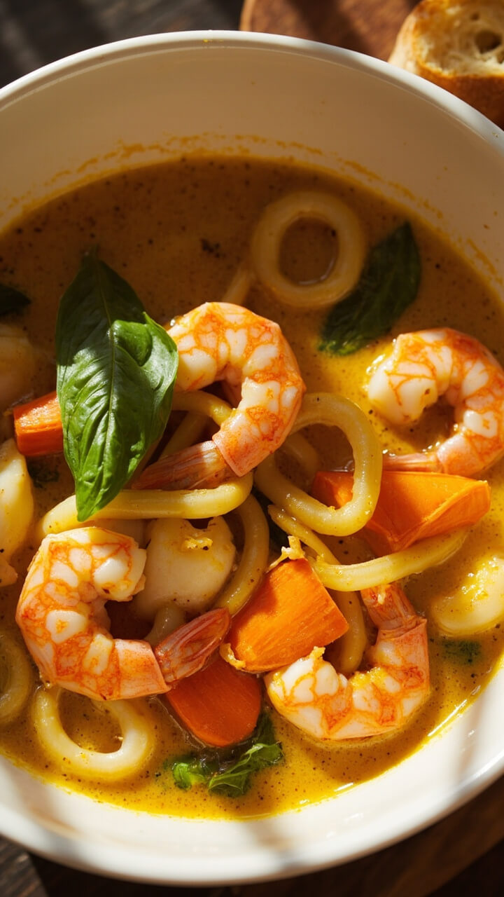 A wide white bowl of golden curry broth, bright with shrimp, squid rings, scallops, carrot slices, and fresh basil. Served with a side of French bread.