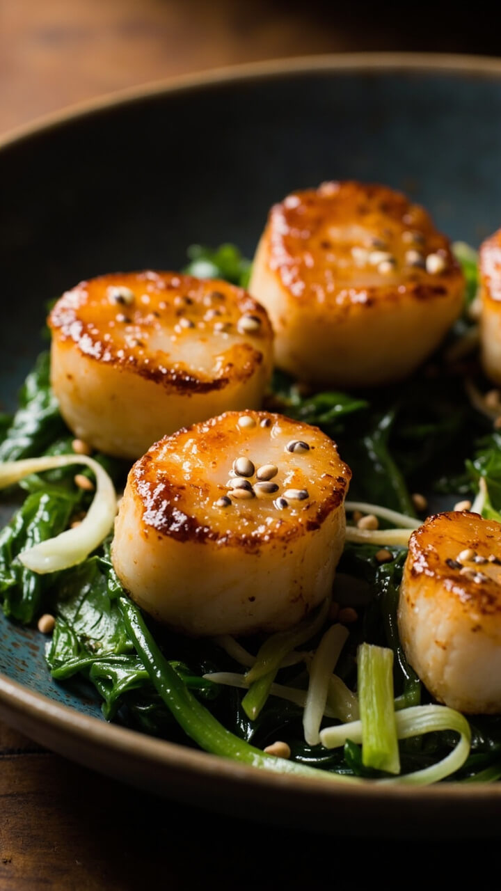 Seared scallops with a caramelized miso glaze placed over a bed of wilted spinach and bok choy, sprinkled with sesame seeds and thinly sliced scallions, on a slate-blue shallow bowl.