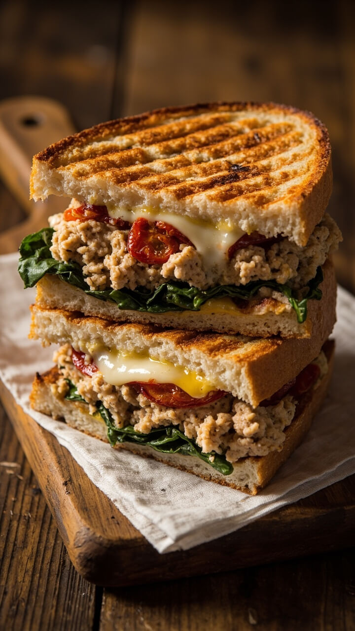 A crisp golden panini sandwich, grill marks visible, stuffed with tuna, melty mozzarella, sun-dried tomatoes, and spinach, diagonally cut and stacked on a linen-lined board.