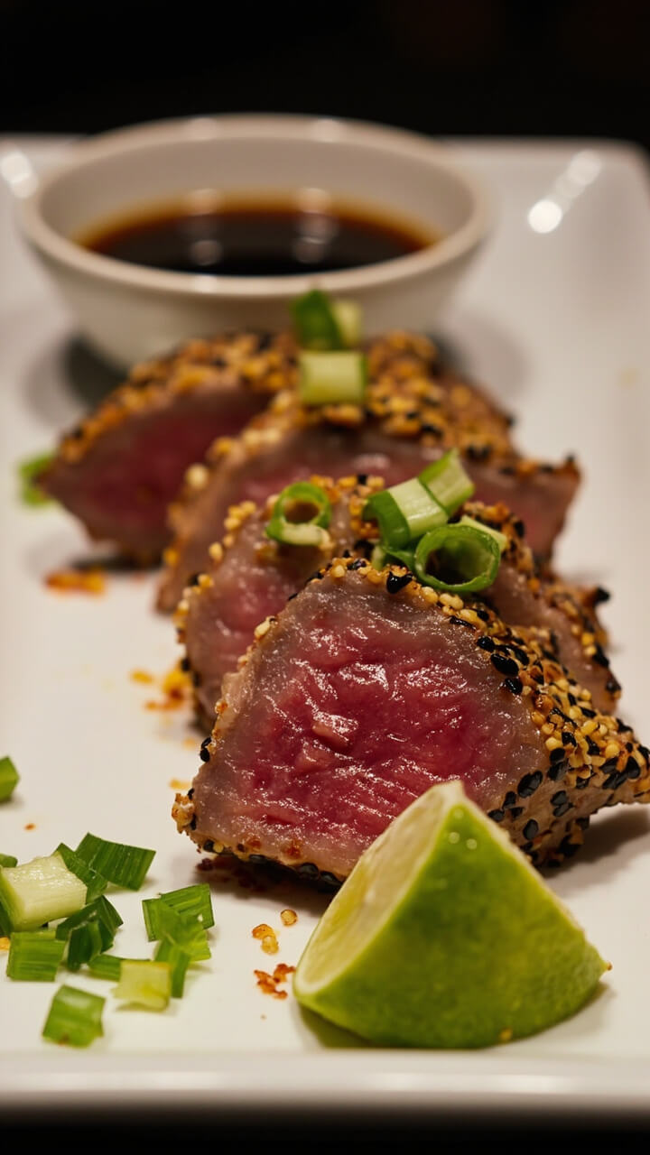 A sesame-coated tuna steak sliced on a small rectangular plate, seeds evenly toasted on the surface, with the rare pink center visible. Served with a tiny dish of soy sauce, sprinkle of scallions, and a wedge of lime.