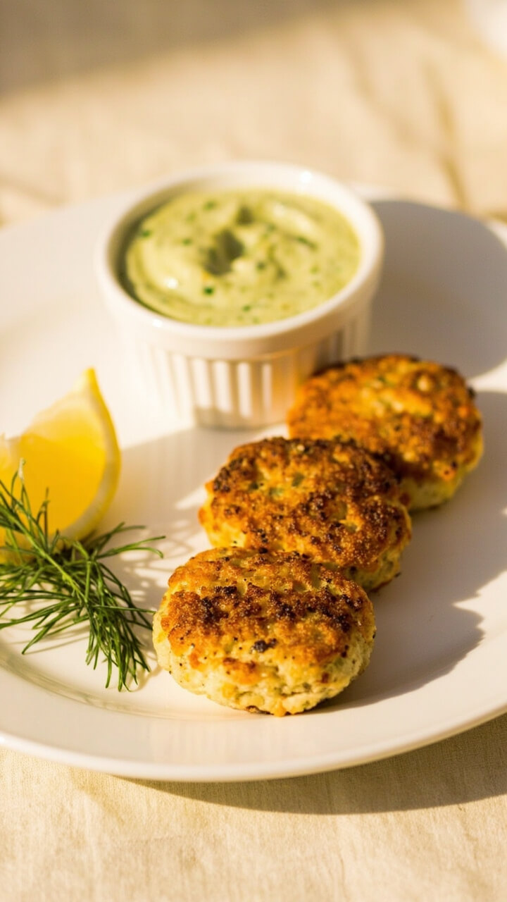 Three golden-brown crab cakes arranged neatly on a dinner plate, with a swirl of green-flecked aioli dipping sauce beside them. A few sprigs of dill garnish the cakes, and a lemon wedge adds color. The background is a soft, linen tablecloth. Three golden-brown crab cakes arranged neatly on a dinner plate, with a swirl of green-flecked aioli dipping sauce beside them. A few sprigs of dill garnish the cakes, and a lemon wedge adds color. The background is a soft, linen tablecloth.