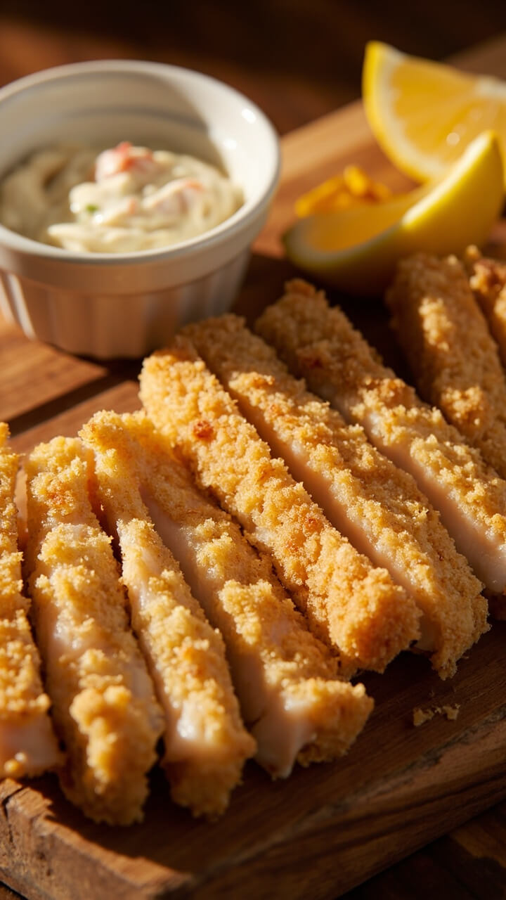 Golden, panko-coated cod fillets cut into strips on a serving board, with a small bowl of tartar sauce and a wedge of lemon. The crust looks crunchy, and the fish is flaky and white inside. Golden, panko-coated cod fillets cut into strips on a serving board, with a small bowl of tartar sauce and a wedge of lemon. The crust looks crunchy, and the fish is flaky and white inside.