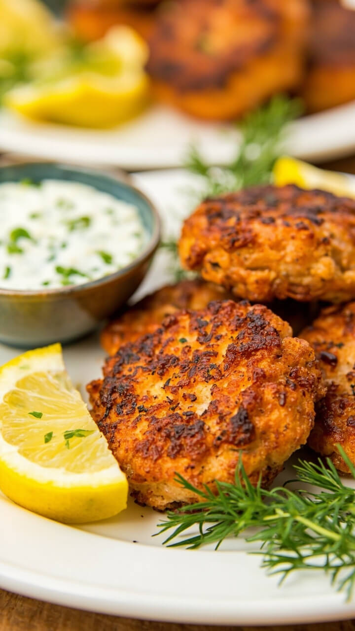 Golden brown salmon cakes stacked on a plate with a small dish of green-flecked yogurt sauce, lemon wedges scattered, and a few sprigs of fresh dill. Golden brown salmon cakes stacked on a plate with a small dish of green-flecked yogurt sauce, lemon wedges scattered, and a few sprigs of fresh dill.