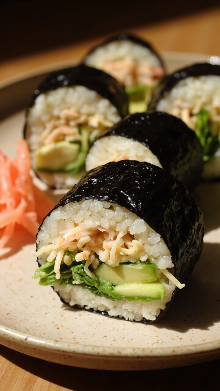 Perfectly squared nori-wrapped sandwiches, cut in half to show layers of sushi rice, shredded imitation crab, sliced cucumber, and avocado. Stacked on a plate with a side of pickled ginger.