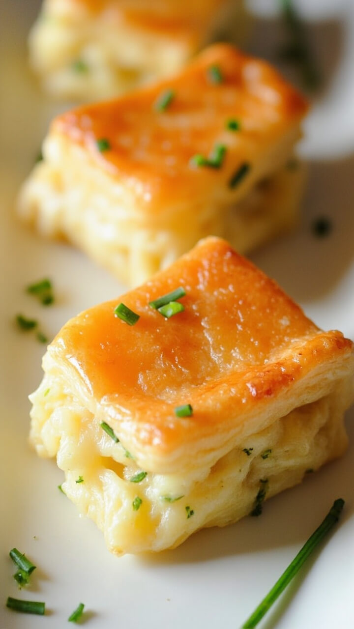 Golden puff pastry squares envelop single scallops, flecked with green herbs and served on a rectangular porcelain platter. Each parcel is puffed up and slightly glossy, with a few chive sprigs scattered along the plate. Golden puff pastry squares envelop single scallops, flecked with green herbs and served on a rectangular porcelain platter. Each parcel is puffed up and slightly glossy, with a few chive sprigs scattered along the plate.