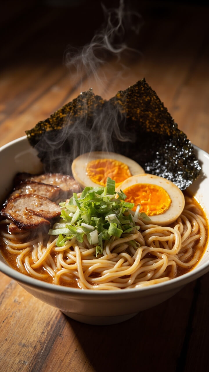 Steaming bowl of golden-brown shoyu broth filled with springy noodles, topped with a soft-boiled egg, sliced pork, green onions, and nori sheets, all arranged neatly in a wide white bowl on a wood table. Steaming bowl of golden-brown shoyu broth filled with springy noodles, topped with a soft-boiled egg, sliced pork, green onions, and nori sheets, all arranged neatly in a wide white bowl on a wood table.