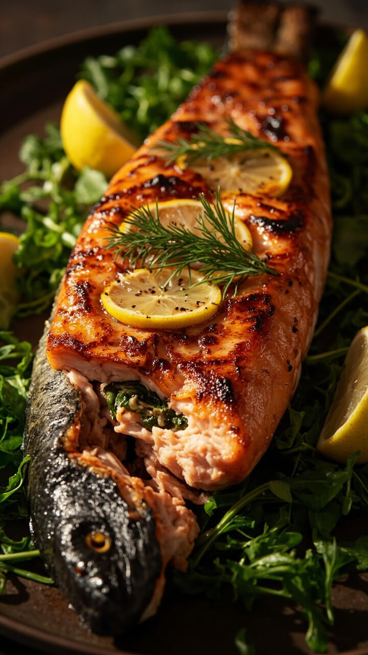 A whole roasted salmon, golden and glistening, split open with a stuffing of fresh herbs and lemon slices. Presented on a bed of arugula with the head and tail for drama, garnished with dill. A whole roasted salmon, golden and glistening, split open with a stuffing of fresh herbs and lemon slices. Presented on a bed of arugula with the head and tail for drama, garnished with dill.