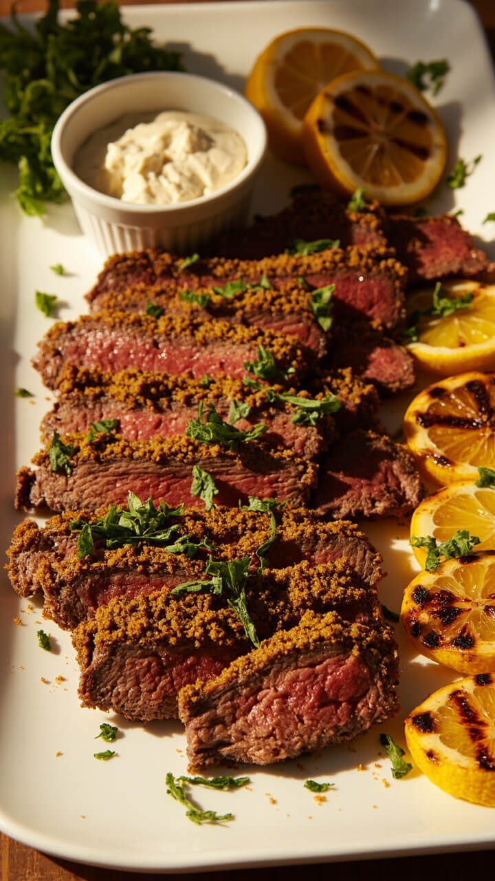 Slices of steak encrusted in golden-hued spices, neatly layered on a simple platter. There’s a scattering of chopped mint and a ramekin of creamy yogurt sauce on the side. Grilled lemon halves add a burst of color.