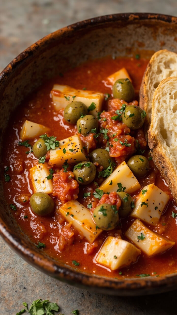 Chunks of white salt cod in a red tomato sauce with small green olives and potatoes, served in a shallow rustic bowl, garnished with chopped parsley, with crusty bread on the side.
