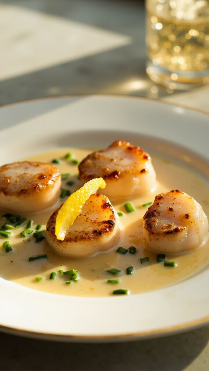 Three large scallops rest in a shallow pool of pale, velvety champagne cream sauce, garnished with finely chopped chives and a curl of lemon peel, served on elegant china with sparkling wine in the background. Three large scallops rest in a shallow pool of pale, velvety champagne cream sauce, garnished with finely chopped chives and a curl of lemon peel, served on elegant china with sparkling wine in the background.