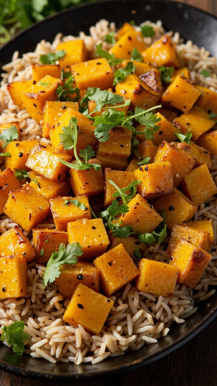 A large, shallow platter with golden cubes of roasted butternut squash atop fluffy basmati rice, dotted with cumin seeds and wisps of chopped cilantro. The yellow-orange squash and white rice pop against a dark serving dish.