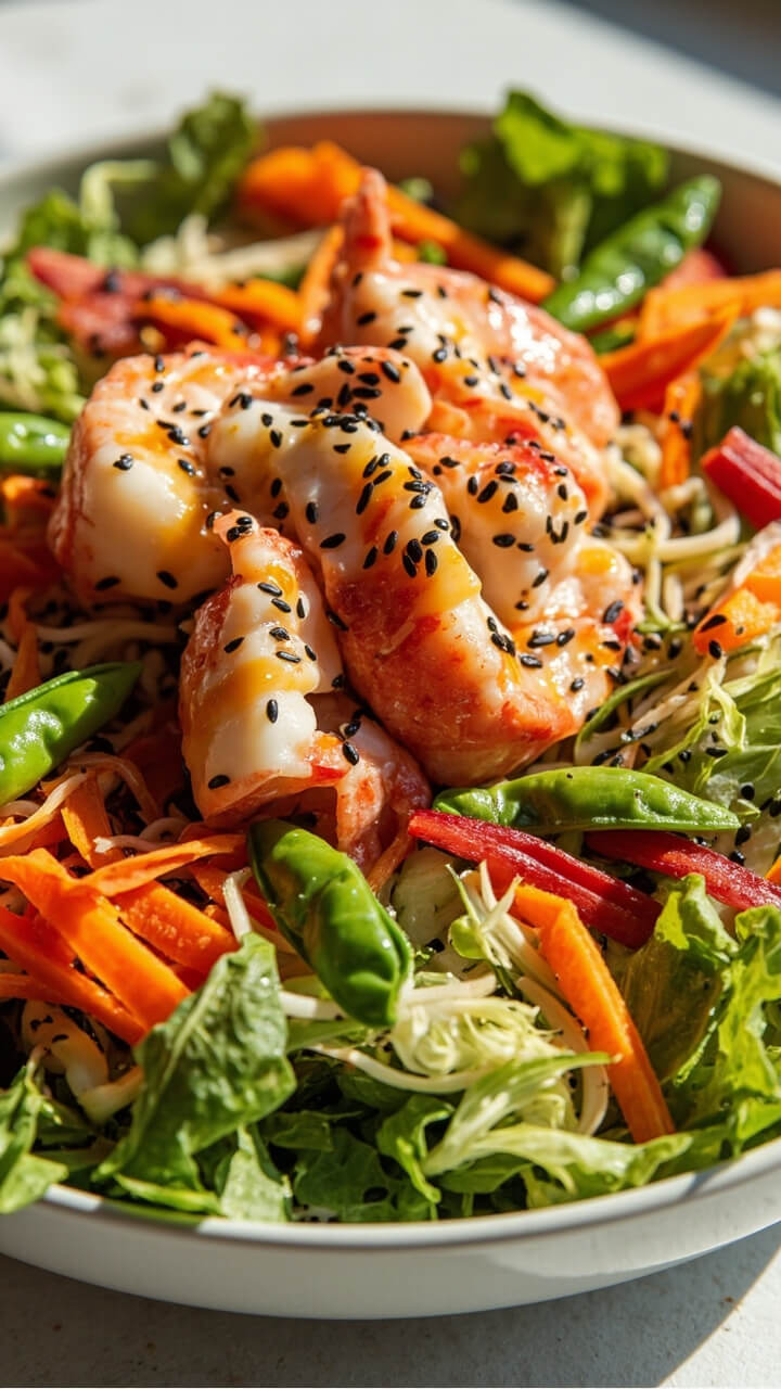 Mixed salad greens piled on a large shallow bowl, topped with julienned carrots, red bell peppers, snap peas, and generous pieces of lobster, drizzled with sesame ginger dressing and scattered with black sesame seeds.