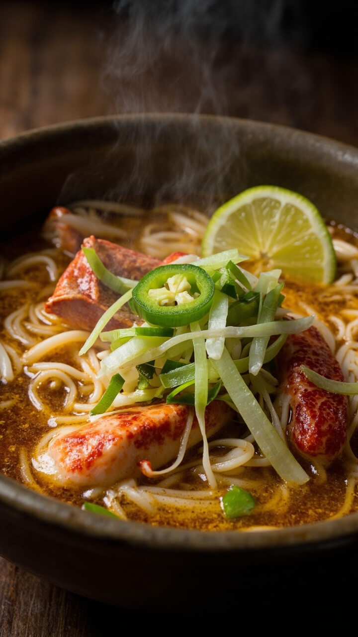 A deep ceramic bowl filled with clear broth, thin rice noodles, chunks of imitation crab, and wilted spinach. Topped with sliced green onions, jalapeño rings, and a wedge of lime.