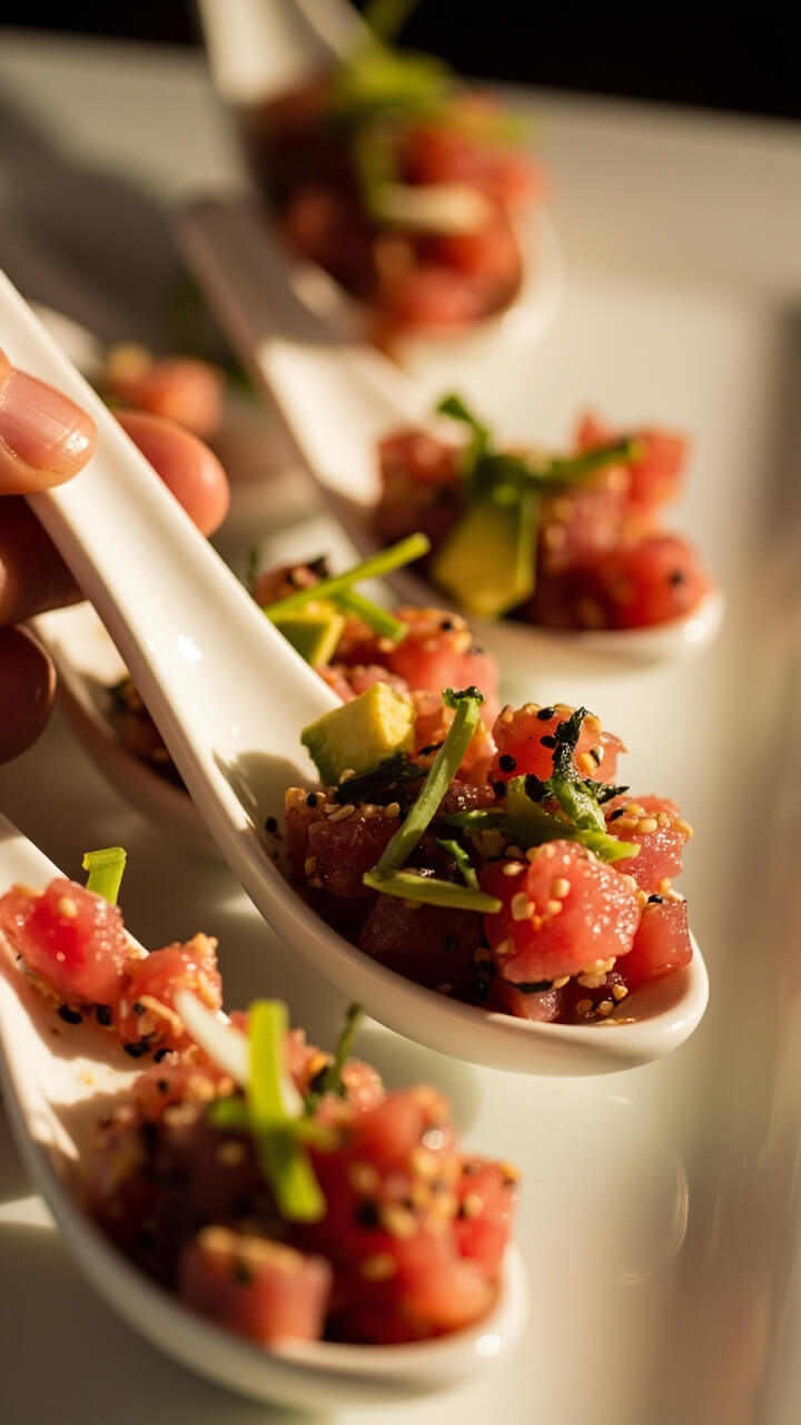 White ceramic appetizer spoons, each holding glossy ahi tuna cubes tossed with sesame seeds, avocado, and green onion, garnished with tiny shreds of nori. White ceramic appetizer spoons, each holding glossy ahi tuna cubes tossed with sesame seeds, avocado, and green onion, garnished with tiny shreds of nori.
