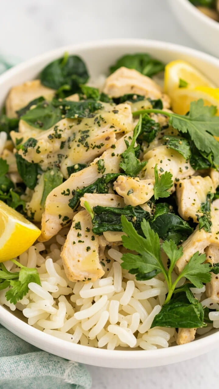 A white bowl filled with moist white rice dotted with green spinach, topped with sliced chicken breast, glistening with a light lemony sauce, all sprinkled with fresh herbs and served alongside a wedge of lemon.