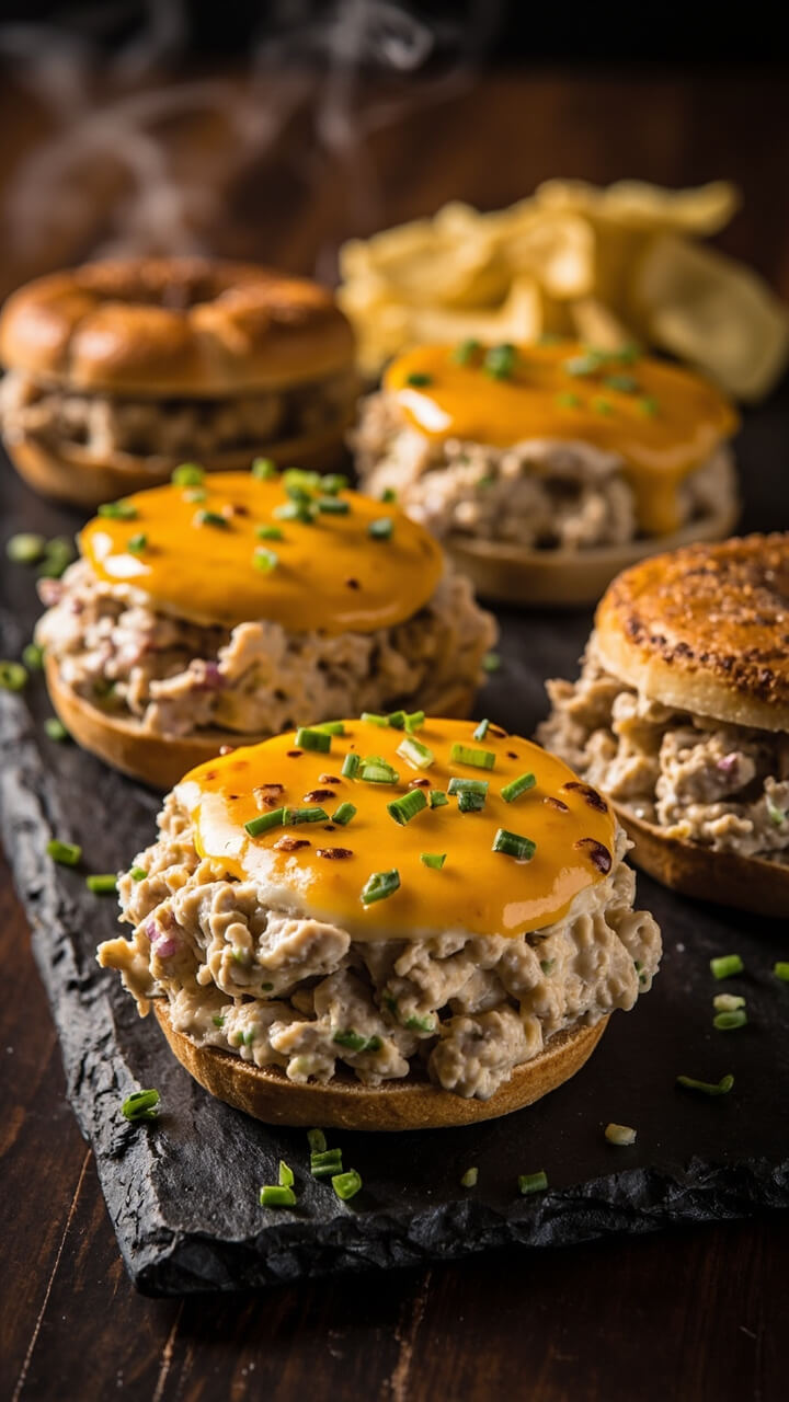 Open-faced toasted bagel halves topped with creamy tuna salad and bubbling melted cheddar, garnished with a few chives, served on a slate board with a side of potato chips.
