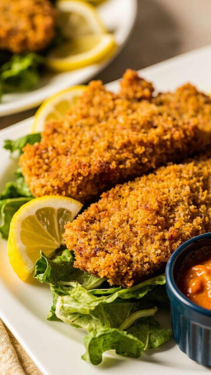 Three catfish fillets, golden and speckled with cornmeal, arranged on a plain white platter over a scatter of leafy greens. There’s a ramekin of spicy remoulade on the side and lemon slices for a bright pop. Three catfish fillets, golden and speckled with cornmeal, arranged on a plain white platter over a scatter of leafy greens. There’s a ramekin of spicy remoulade on the side and lemon slices for a bright pop.