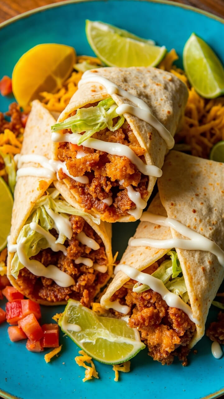 Large flour tortilla burritos stuffed with crispy fried fish, lime crema, shredded lettuce, and diced tomatoes, cut in half to show the filling. Served on a wide, sunny blue plate with extra lime wedges. Large flour tortilla burritos stuffed with crispy fried fish, lime crema, shredded lettuce, and diced tomatoes, cut in half to show the filling. Served on a wide, sunny blue plate with extra lime wedges.