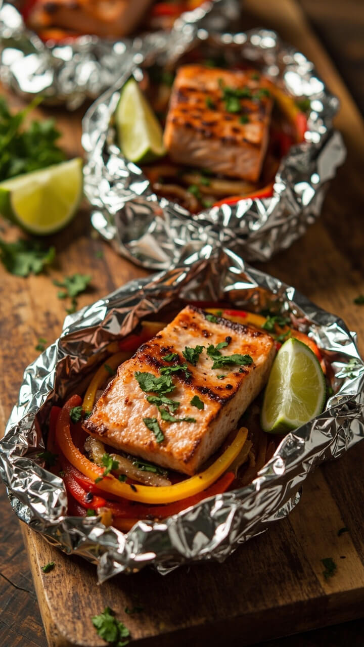 Open foil packets revealing salmon fillets surrounded by sautéed bell peppers and onions, all lightly charred. Each packet is topped with chopped cilantro and a lime wedge, set on a rustic wooden board.