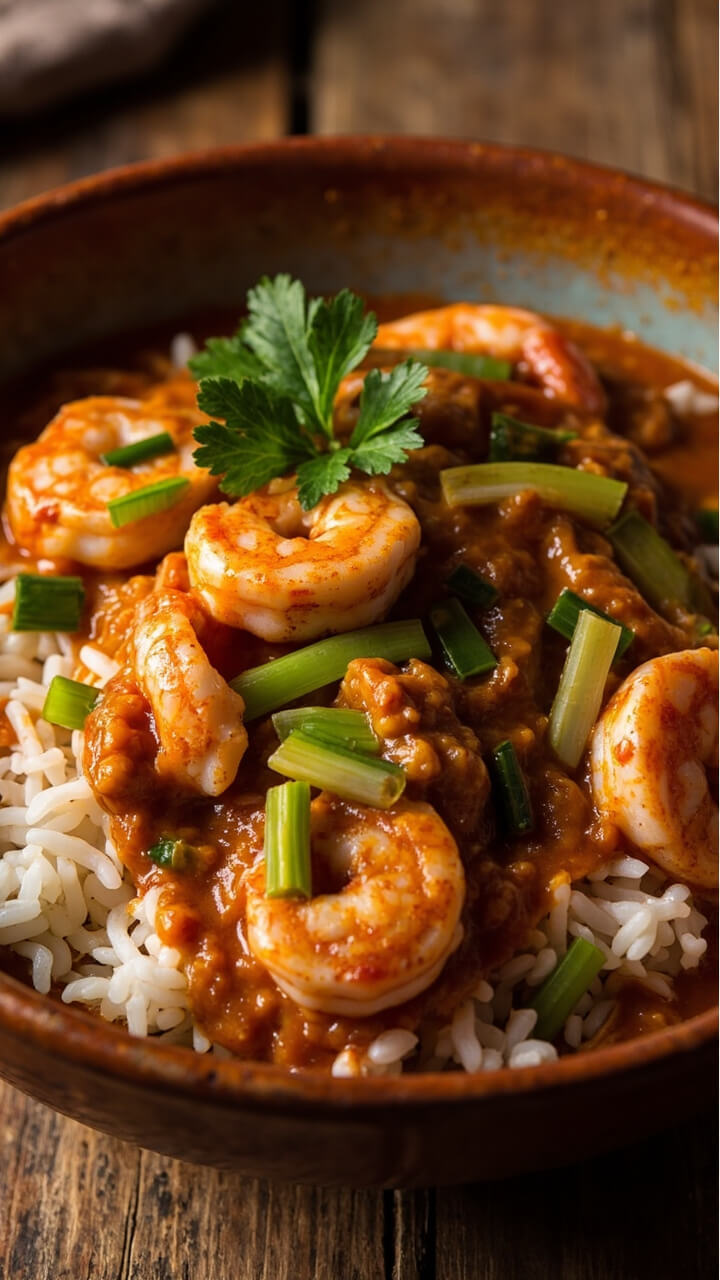 A deep bowl filled with saucy, rusty-orange shrimp étouffée over steaming white rice. Slices of green scallion fan across the top with a few parsley leaves for color.