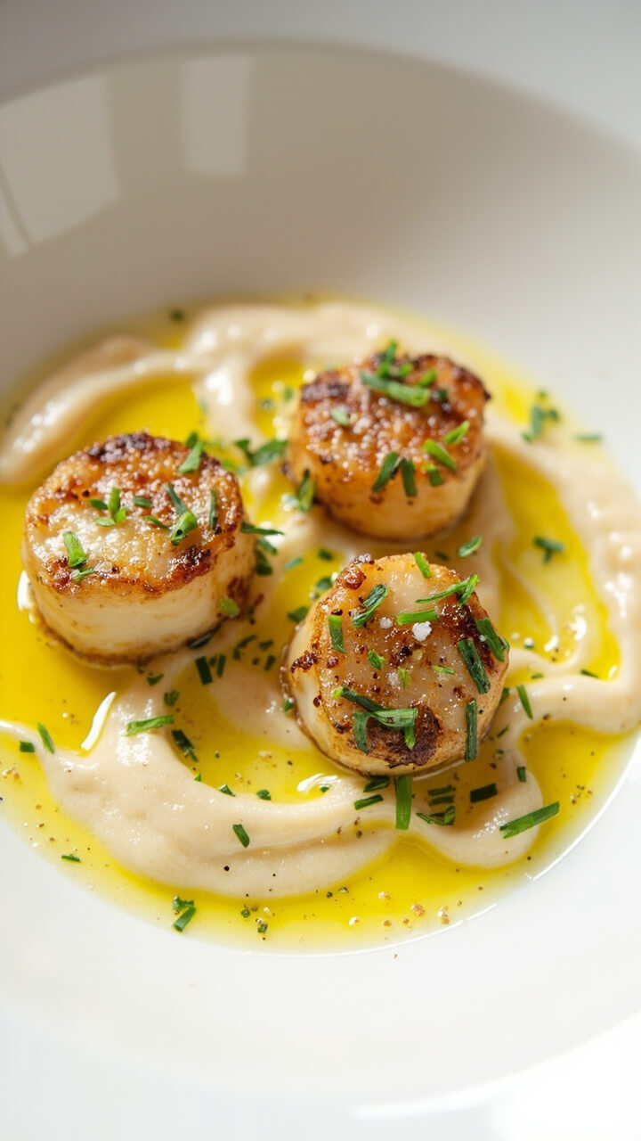 A shallow bowl with smooth white bean purée topped with golden herb-crusted scallops, scattered with finely chopped fresh herbs and a drizzle of olive oil.