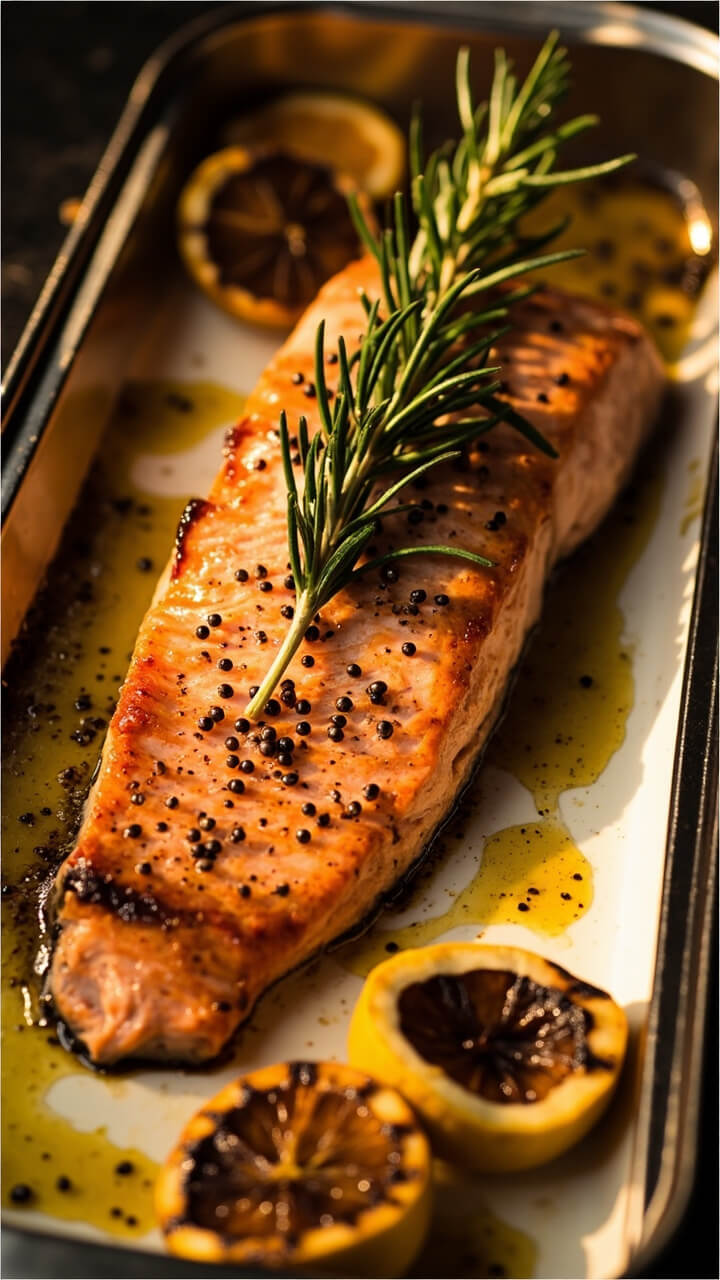 A large fillet of salmon roasted in a baking dish, topped with cracked black pepper, fresh rosemary sprigs, and a drizzle of olive oil. Slices are cut and arranged on a long platter with a few charred lemon halves alongside.