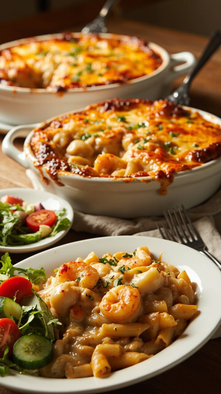 A bubbling casserole dish filled with creamy penne and abundant shrimp and scallops, topped with a browned cheesy crust and flecks of parsley. Slices are served on white plates with a salad on the side.
