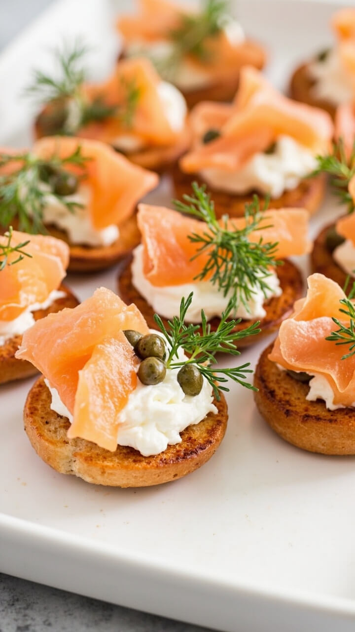 Toasted mini bagel halves topped with a swirl of cream cheese, slices of smoked salmon, sprigs of fresh dill, and a few capers on a white serving tray. Toasted mini bagel halves topped with a swirl of cream cheese, slices of smoked salmon, sprigs of fresh dill, and a few capers on a white serving tray.