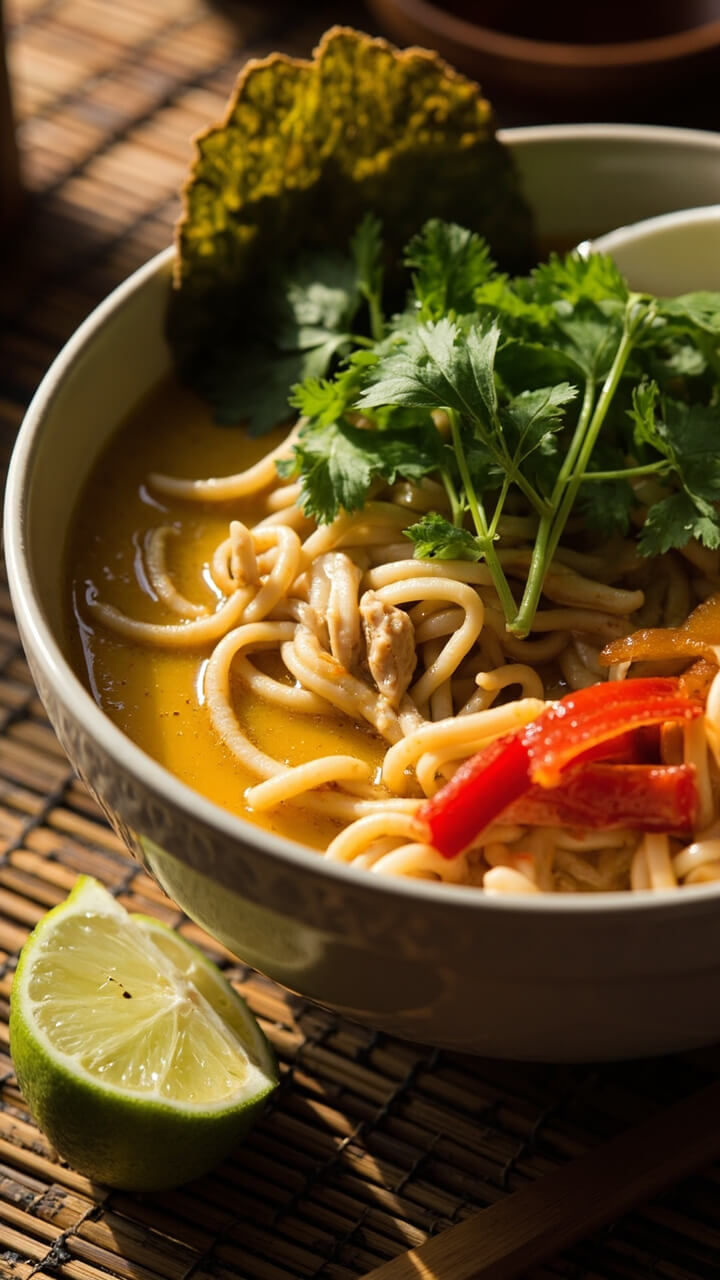 A creamy, bright yellow coconut broth filled with long ramen noodles, chicken strips, slices of red bell pepper, fresh cilantro, and a lime wedge. The bowl sits on a bamboo mat, a spoon ready on the side. A creamy, bright yellow coconut broth filled with long ramen noodles, chicken strips, slices of red bell pepper, fresh cilantro, and a lime wedge. The bowl sits on a bamboo mat, a spoon ready on the side.