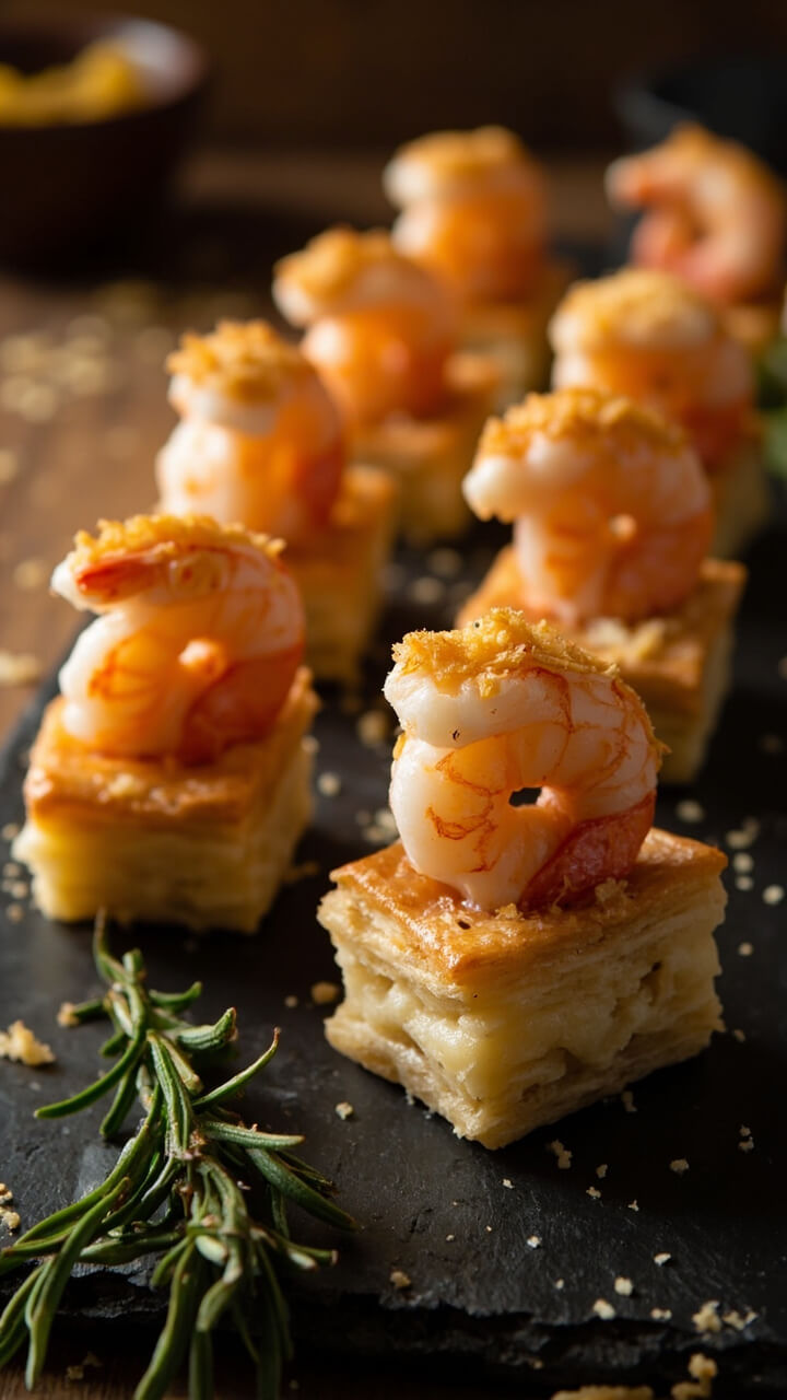 Bite-size puff pastry squares, each topped with a curled shrimp and a melting crown of golden parmesan, on a slate serving board with sprigs of rosemary. Bite-size puff pastry squares, each topped with a curled shrimp and a melting crown of golden parmesan, on a slate serving board with sprigs of rosemary.