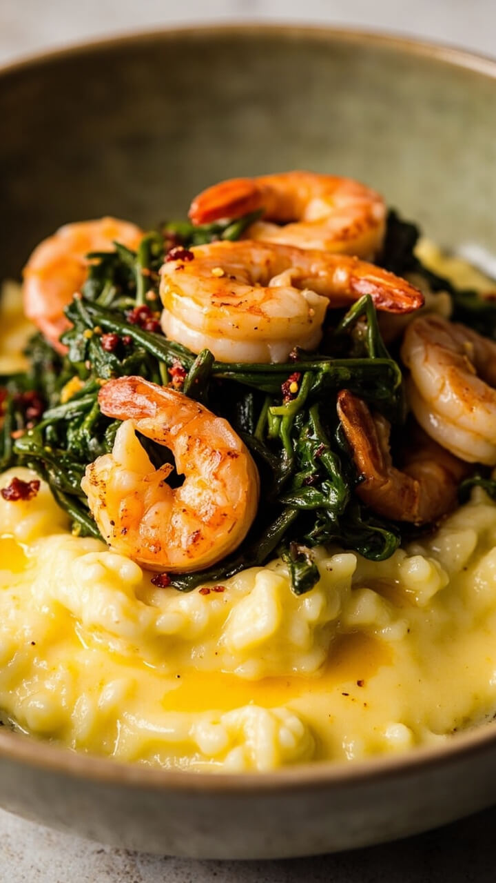 A wide bowl with a mound of creamy yellow grits in the center, topped with pink shrimp and garlicky sautéed greens, flecked with a bit of chili flake and a squeeze of lemon.