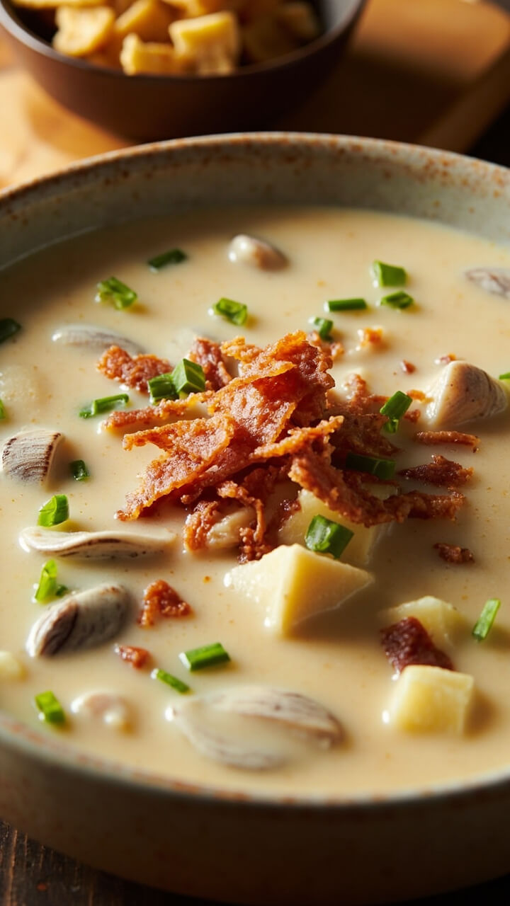 A wide ceramic soup bowl filled with creamy white clam chowder, pieces of potato and chopped clams visible, topped with crispy diced pancetta and minced chives, and served with oyster crackers. A wide ceramic soup bowl filled with creamy white clam chowder, pieces of potato and chopped clams visible, topped with crispy diced pancetta and minced chives, and served with oyster crackers.