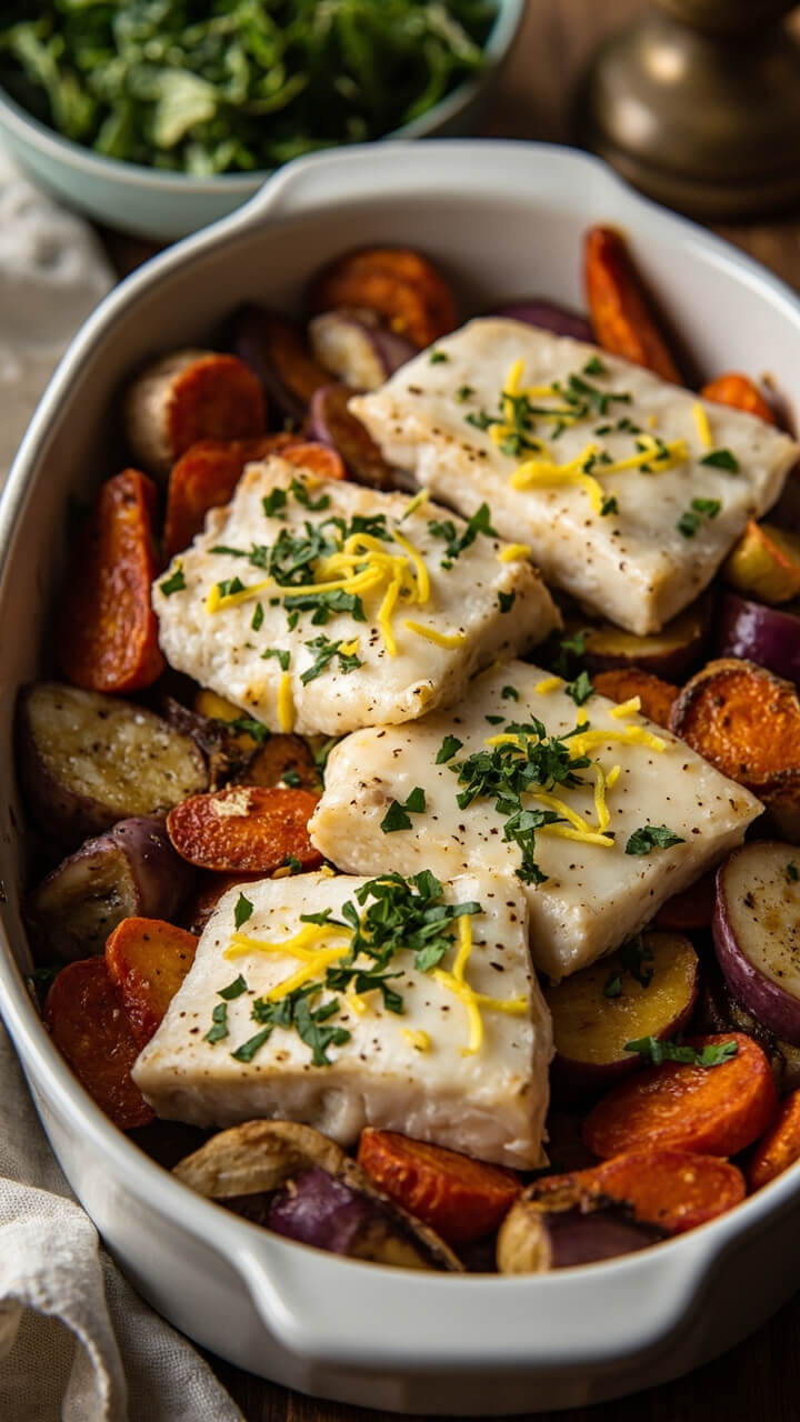 A white oval baking dish holding thick cod fillets on a bed of roasted carrots, parsnips, and red onions. The fish is flecked with lemon zest and fresh parsley. Steamed greens peek from a bowl nearby. A white oval baking dish holding thick cod fillets on a bed of roasted carrots, parsnips, and red onions. The fish is flecked with lemon zest and fresh parsley. Steamed greens peek from a bowl nearby.