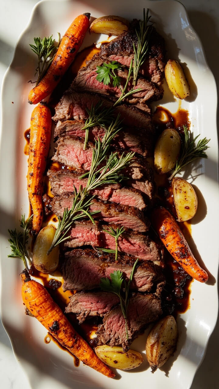 Flank steak, medium rare, sliced and arranged on a large white platter. Fresh rosemary, thyme, and parsley are sprinkled over the top. A drizzle of deep brown balsamic glaze runs over the beef. Roasted carrots and potatoes frame the edges.