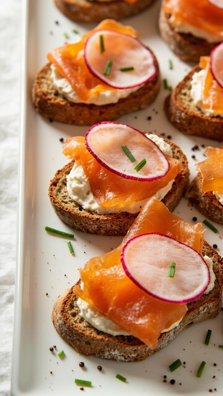 Slices of rustic country bread topped with a smear of cream cheese, ribbons of smoked salmon, slices of radish, chopped chives, and a sprinkle of black pepper on a white platter.