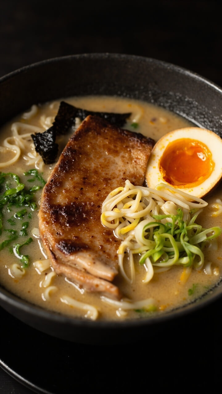 Opaque, creamy white broth pooling around ramen noodles, with slices of chashu pork, trembling soft-boiled eggs, scallion curls, bamboo shoots, and nori strip in a minimalist ramen bowl. Opaque, creamy white broth pooling around ramen noodles, with slices of chashu pork, trembling soft-boiled eggs, scallion curls, bamboo shoots, and nori strip in a minimalist ramen bowl.