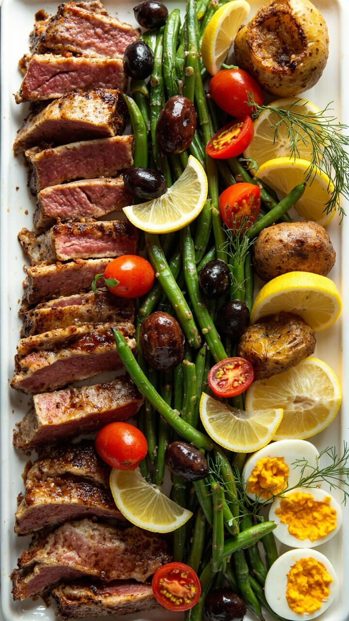 A large white platter displays rows of seared tuna strips, roasted baby potatoes, blanched green beans, halved hard-boiled eggs, cherry tomatoes, and black olives, all arranged artfully with lemon slices and a sprinkle of chopped dill. A large white platter displays rows of seared tuna strips, roasted baby potatoes, blanched green beans, halved hard-boiled eggs, cherry tomatoes, and black olives, all arranged artfully with lemon slices and a sprinkle of chopped dill.