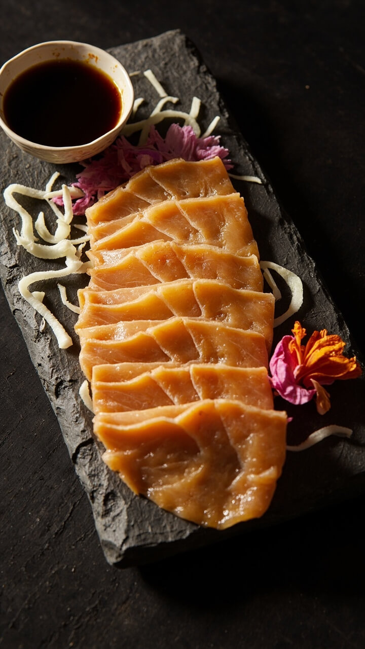 Crispy, pale golden fish strips arranged in a fan on a slate board, with a small dipping bowl of soy sauce, a scatter of shredded daikon, and a couple of edible flower petals for color. Crispy, pale golden fish strips arranged in a fan on a slate board, with a small dipping bowl of soy sauce, a scatter of shredded daikon, and a couple of edible flower petals for color.