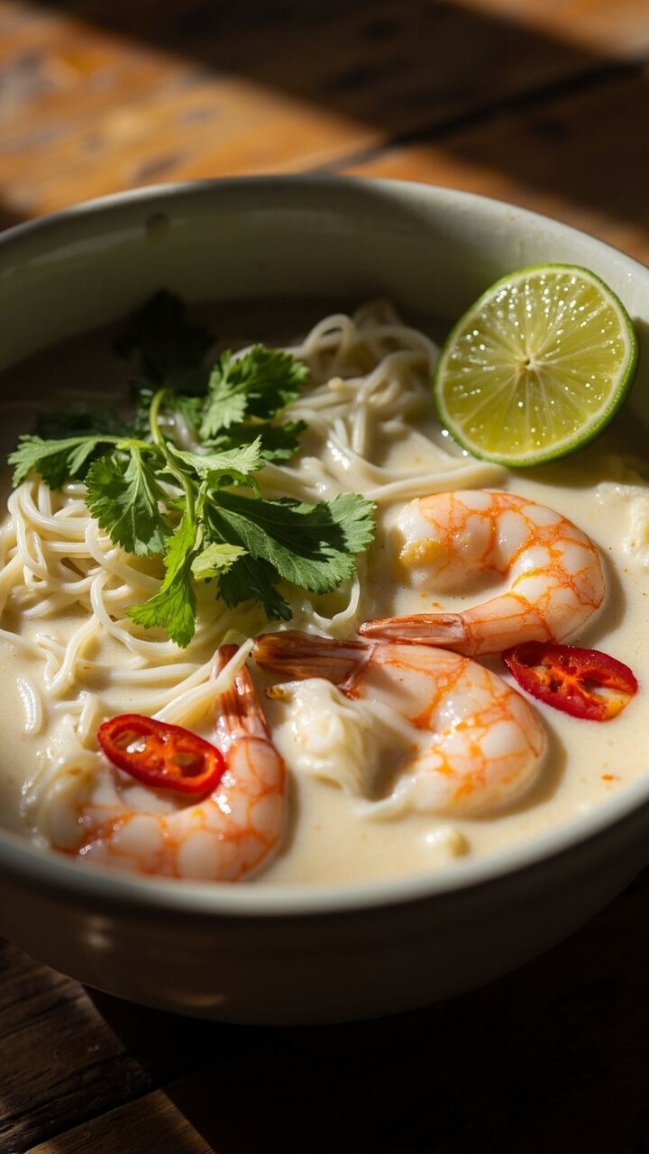 A deep bowl of steaming creamy coconut soup with pink shrimp, thin rice noodles, red chili slices, and scattered cilantro leaves. A lime wedge perched on the rim.
