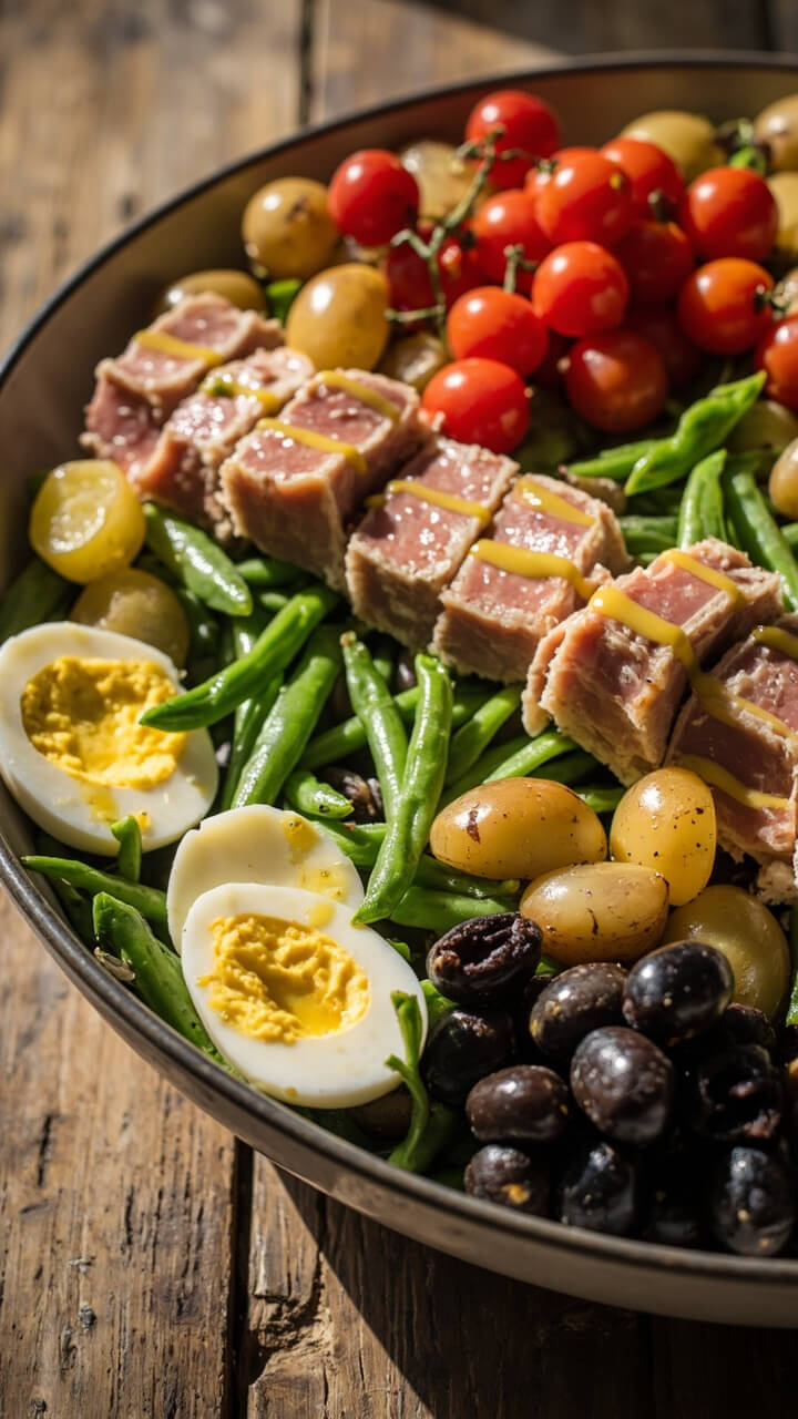 A wide shallow bowl arranged with rows of tuna chunks, boiled baby potatoes, halved cherry tomatoes, crisp green beans, hard-boiled eggs, black olives, and a drizzle of Dijon vinaigrette.