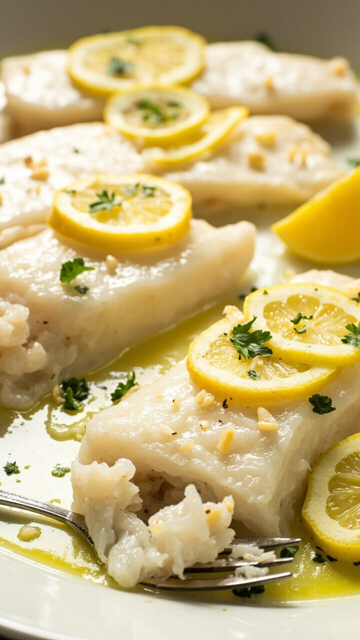 White cod fillets on a sheet pan, glistening with olive oil, topped with thin lemon slices and bits of minced garlic. Fresh parsley is sprinkled over, with a few wedges of lemon on the side. Served on a white plate with a fork, the edges of the fish are just starting to flake. White cod fillets on a sheet pan, glistening with olive oil, topped with thin lemon slices and bits of minced garlic. Fresh parsley is sprinkled over, with a few wedges of lemon on the side. Served on a white plate with a fork, the edges of the fish are just starting to flake.