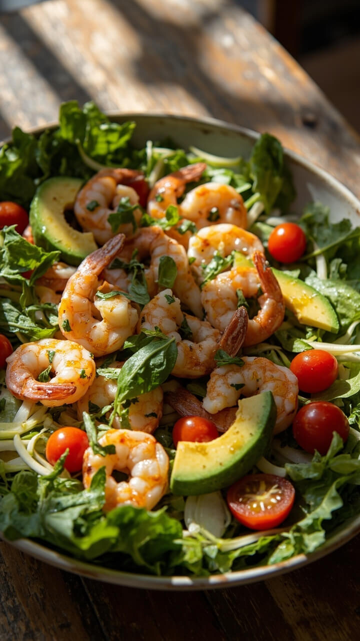 A shallow bowl of salad greens topped with juicy sautéed shrimp, ripe avocado slices, cherry tomatoes, cucumber ribbons, and a sprinkle of herbs, drizzled with vinaigrette. A shallow bowl of salad greens topped with juicy sautéed shrimp, ripe avocado slices, cherry tomatoes, cucumber ribbons, and a sprinkle of herbs, drizzled with vinaigrette.