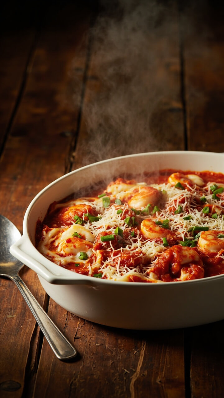 A white casserole dish filled with bubbling red marinara, melty mozzarella, and golden-browned shrimp, sprinkled with grated parmesan and fresh basil, a silver serving spoon tucked beside.