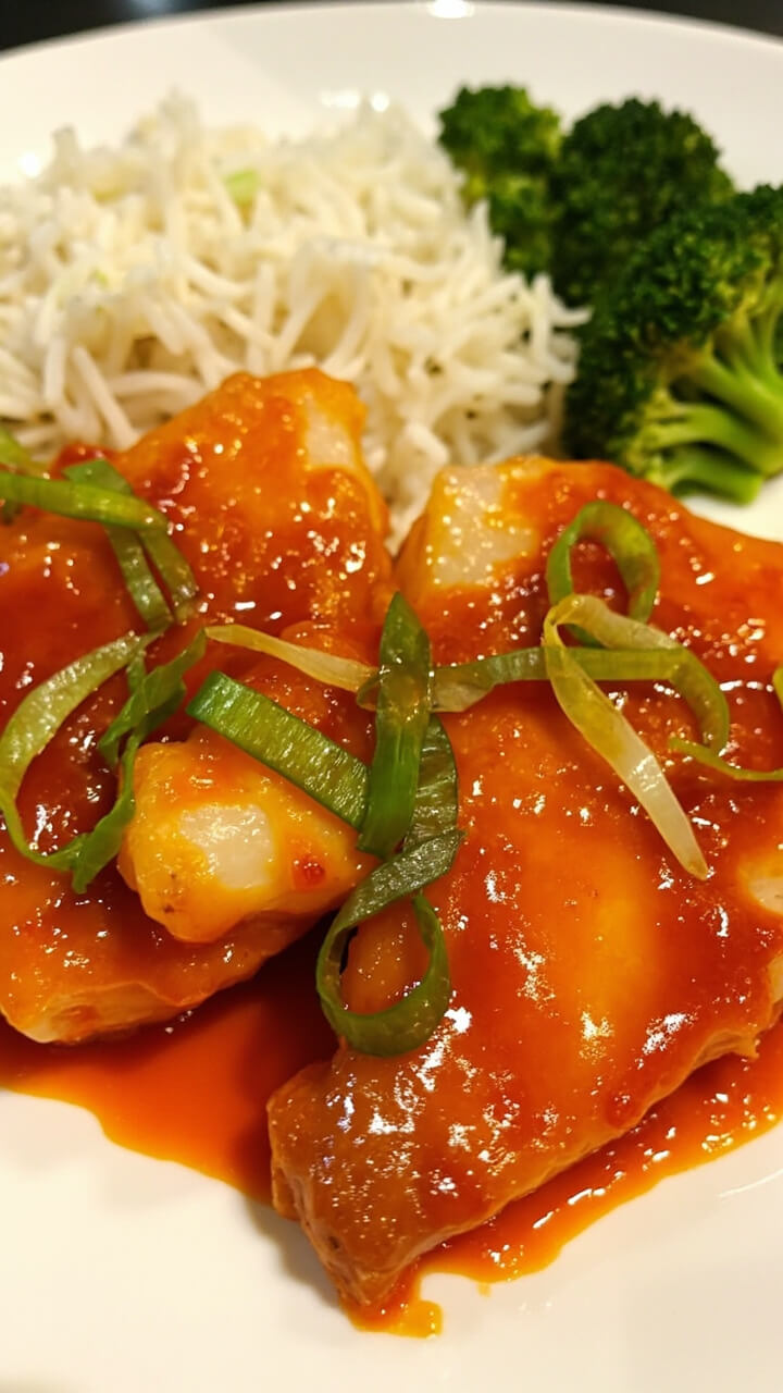 Glazed catfish fillets with a shiny orange-red sweet chili coating, topped with green onion slices, served with sticky white rice and steamed broccoli on a bright white dinner plate. Glazed catfish fillets with a shiny orange-red sweet chili coating, topped with green onion slices, served with sticky white rice and steamed broccoli on a bright white dinner plate.