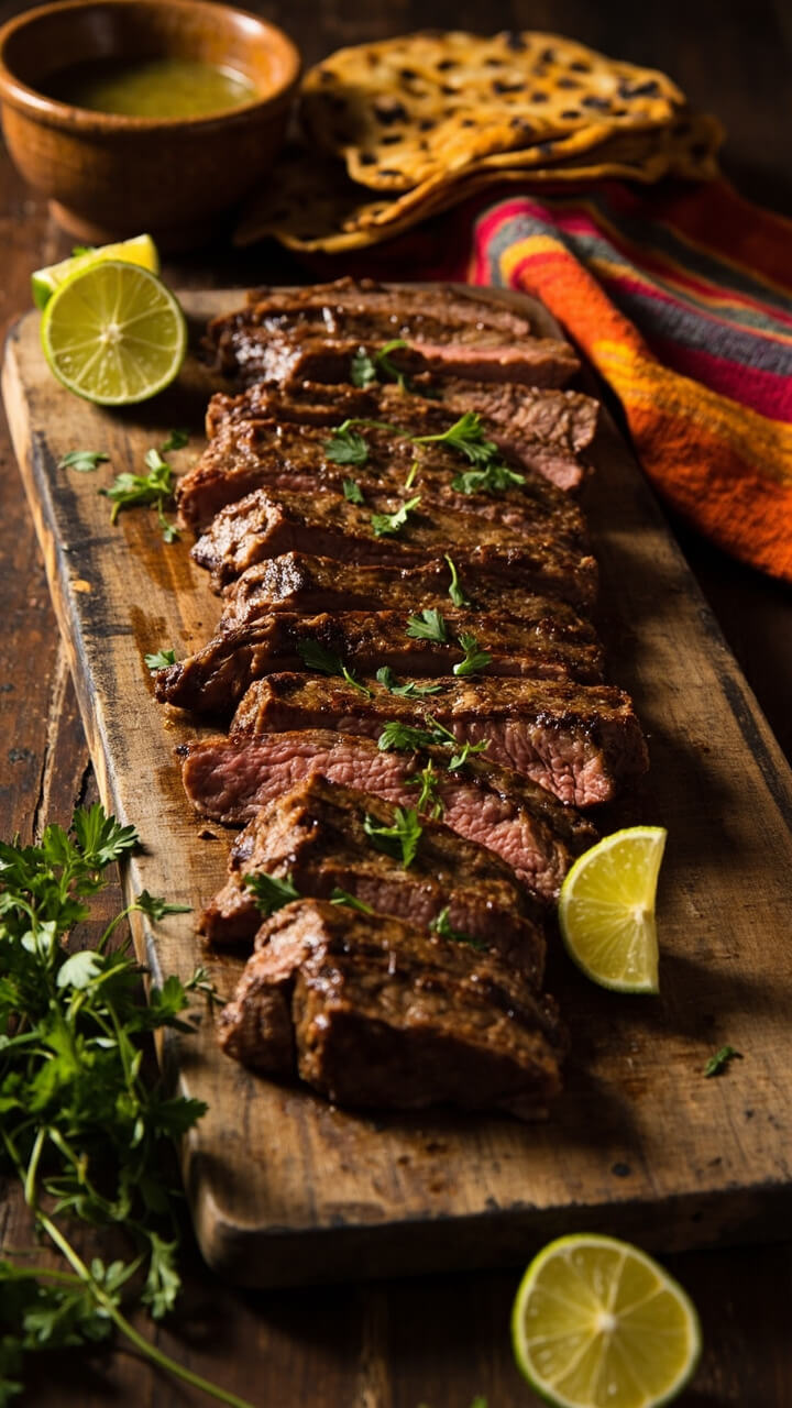 A sliced, juicy flank steak fanned out on a rustic wood board, glistening with char marks and lime wedges scattered around. Sprigs of cilantro are sprinkled on top, with a small bowl of garlic-lime marinade on the side. A few grilled corn tortillas and a bright cloth napkin complete the scene.