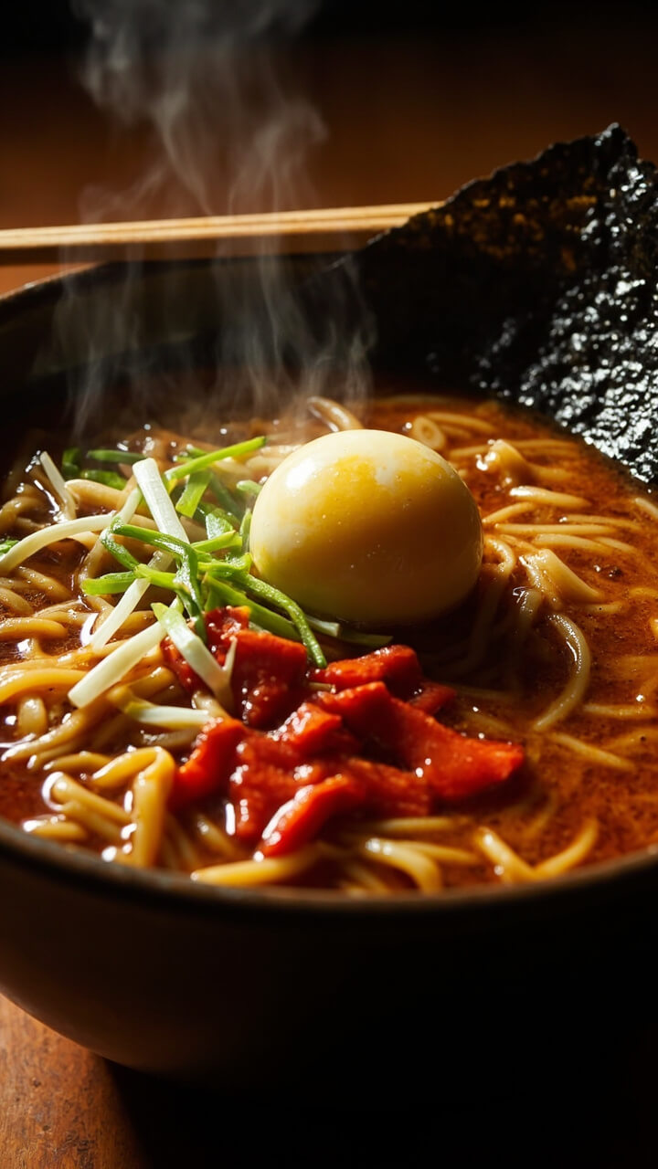 A deep ceramic bowl filled with steaming ramen noodles in rich broth, swirled with bright red kimchi and scattered with sliced green onions and a soft-boiled egg on top. Tender nori sheets rest on the edge. Chopsticks lay across the bowl. A deep ceramic bowl filled with steaming ramen noodles in rich broth, swirled with bright red kimchi and scattered with sliced green onions and a soft-boiled egg on top. Tender nori sheets rest on the edge. Chopsticks lay across the bowl.