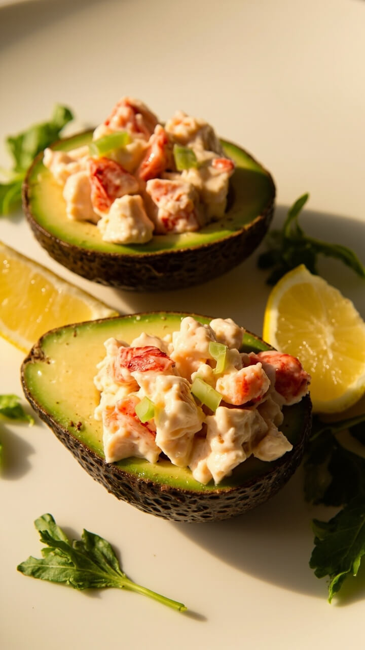 Avocado halves filled with a chunky lobster salad made with mayo, celery, and a squeeze of lemon, neatly presented on a plate with greens and a lemon wedge. Avocado halves filled with a chunky lobster salad made with mayo, celery, and a squeeze of lemon, neatly presented on a plate with greens and a lemon wedge.