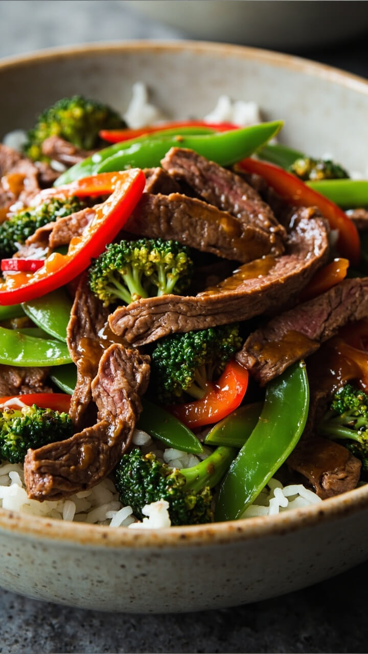 Thin strips of sirloin steak tossed with bright broccoli florets, red pepper slices, and snap peas in a glossy soy-ginger sauce, served over steamed white rice in a wide bowl. Thin strips of sirloin steak tossed with bright broccoli florets, red pepper slices, and snap peas in a glossy soy-ginger sauce, served over steamed white rice in a wide bowl.