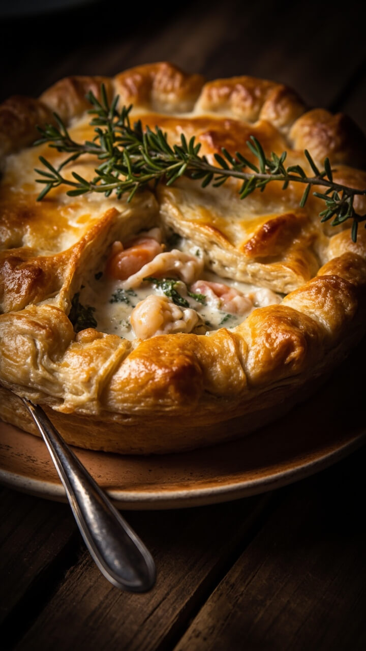 A round pie dish with a golden, puffed pastry crust, slightly cracked to show creamy seafood filling. The crust catches the light and a spoon rests beside the pie, ready for serving. A sprig of thyme is laid on top. A round pie dish with a golden, puffed pastry crust, slightly cracked to show creamy seafood filling. The crust catches the light and a spoon rests beside the pie, ready for serving. A sprig of thyme is laid on top.