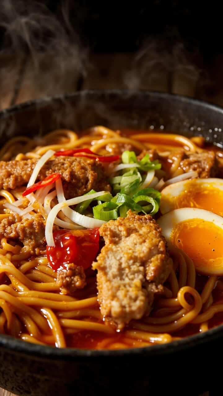 A bowl with glistening ramen noodles coated in spicy honey sauce, crispy chicken pieces, and a scattering of sliced scallions and thin jalapeño rounds. A drizzle of hot honey on top glistens in the light. A bowl with glistening ramen noodles coated in spicy honey sauce, crispy chicken pieces, and a scattering of sliced scallions and thin jalapeño rounds. A drizzle of hot honey on top glistens in the light.